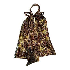 MILLY Women’s Allover Print Sleeveless Halter Neck Bow Blouse Brown/Gold Size 8